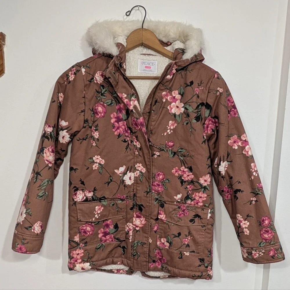 Childrens Place Girls XL14 Floral Brown Parka Jacket Faux Fur Hood Sherpa Lined